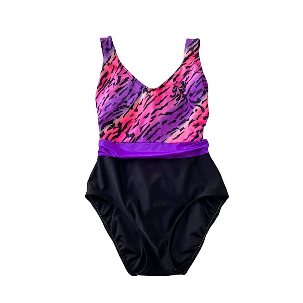 Vintage 80s Neon Animal Print One Piece Bathing Suit High Cut Leg Waistband S/M